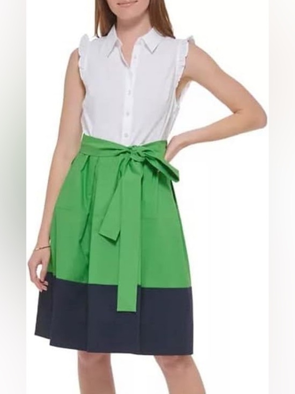 Tommy Hilfiger White, Green & Navy Colorblock Shirt Dress with Waist Bow